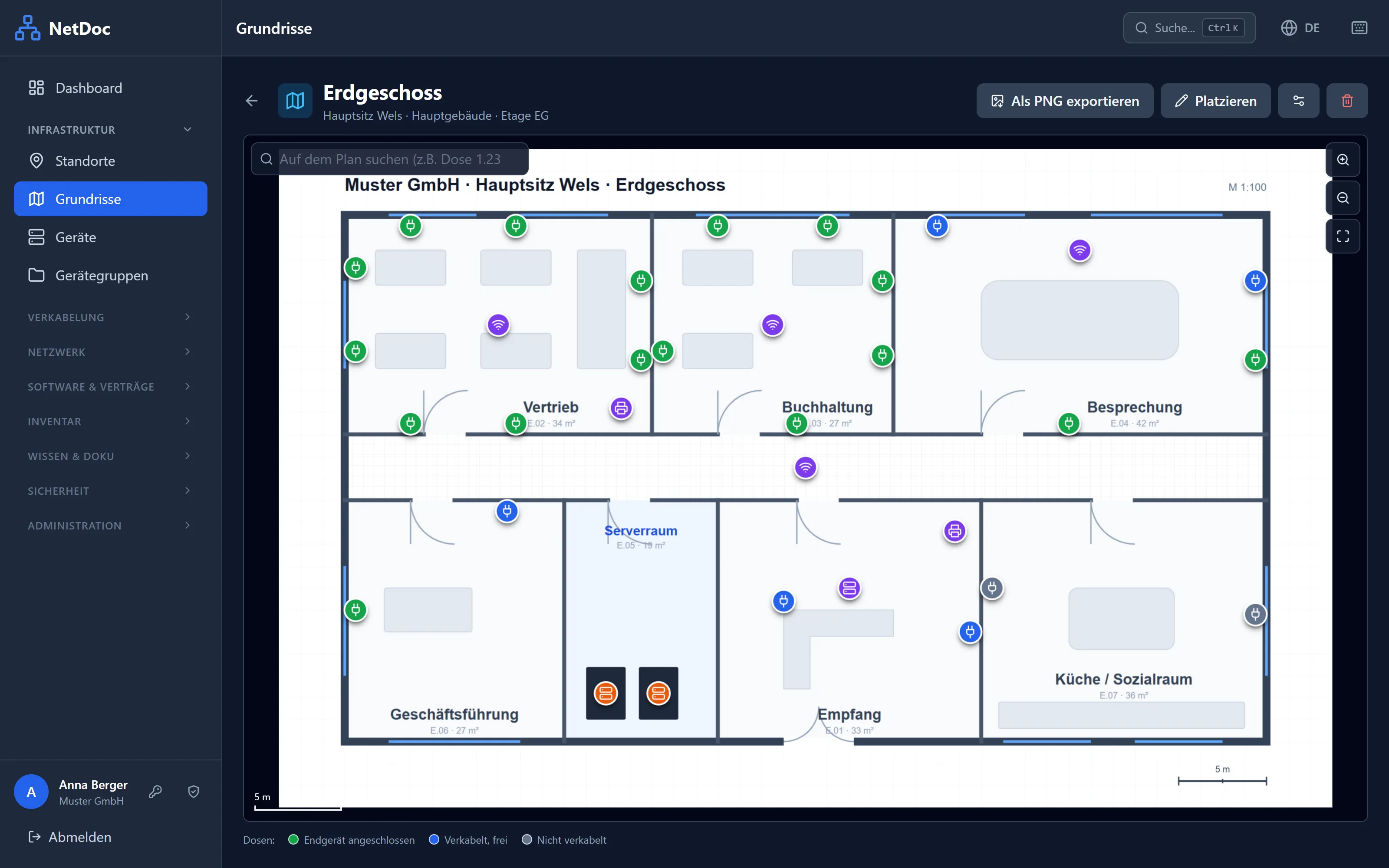 NetDoc: Grundriss eines Erdgeschosses mit Netzwerkdosen, Access Points, Druckern und Racks